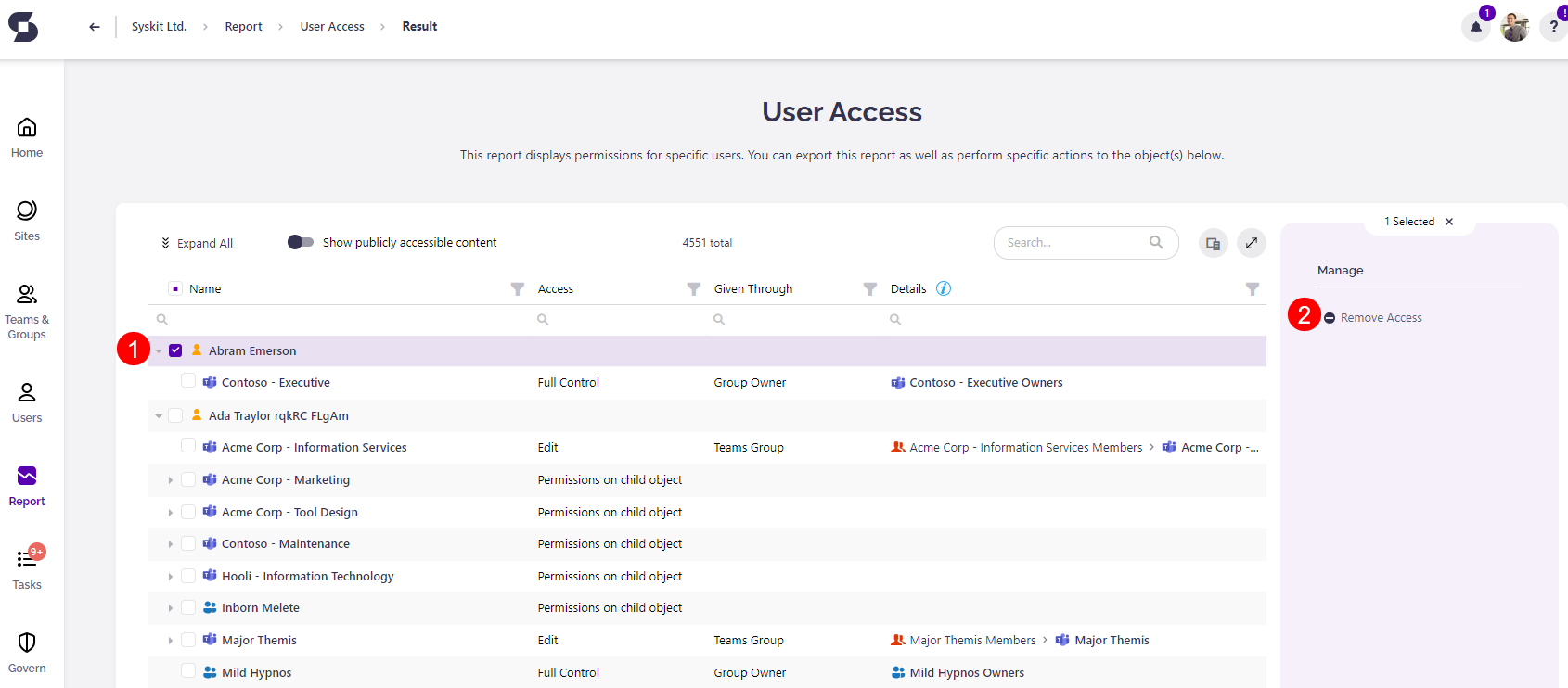 User Access - Remove Access action