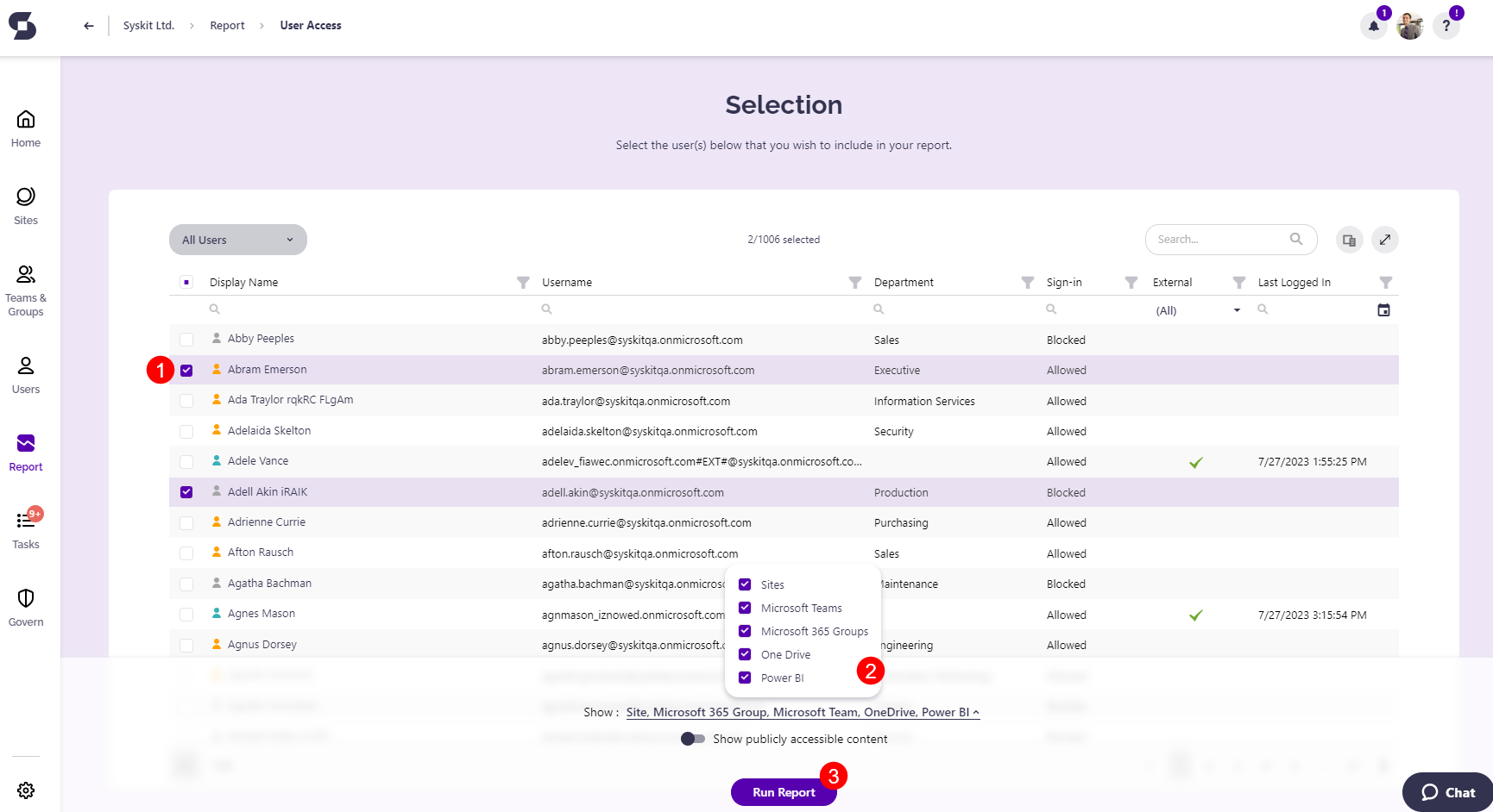 User Access - Selection screen