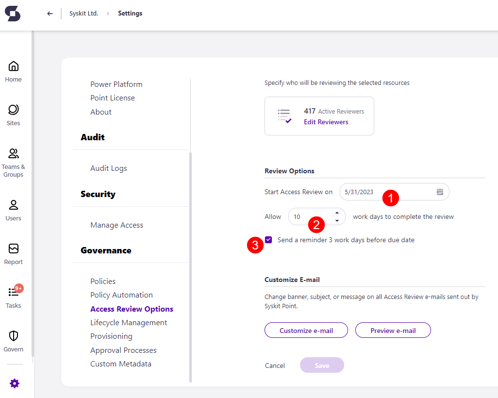 Automated Access Review Setup - Review Options