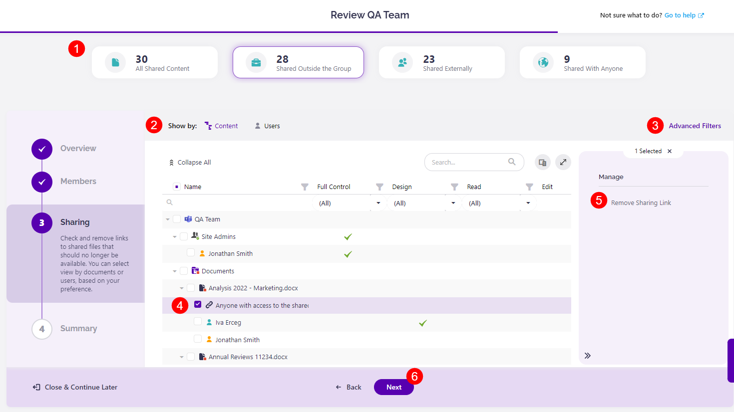 Access Review wizard - Sharing step