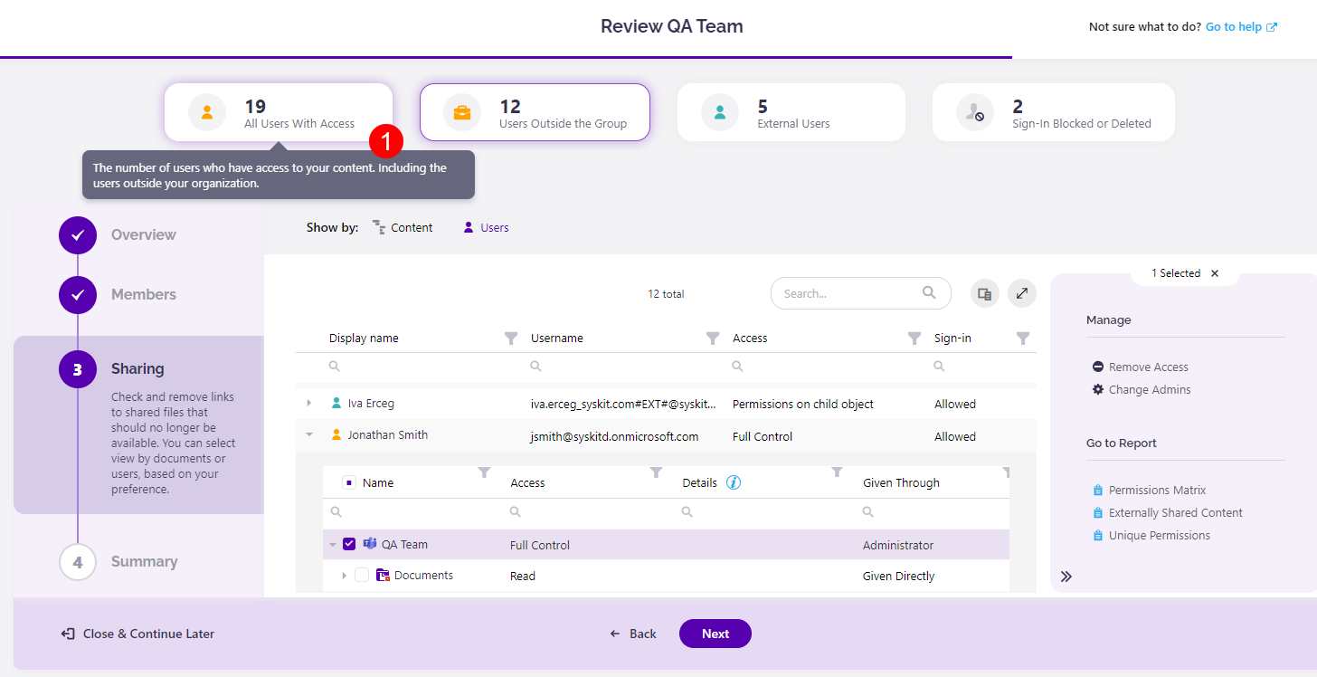 Access Review wizard - Sharing step - Users view