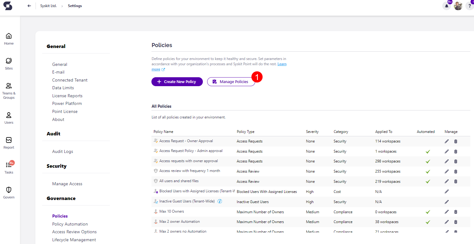Manage Policies screen