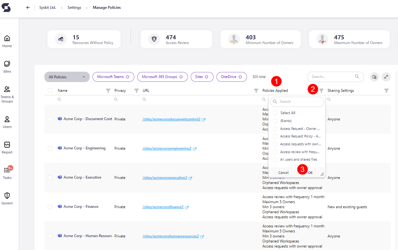 Filter - Access Requests policy