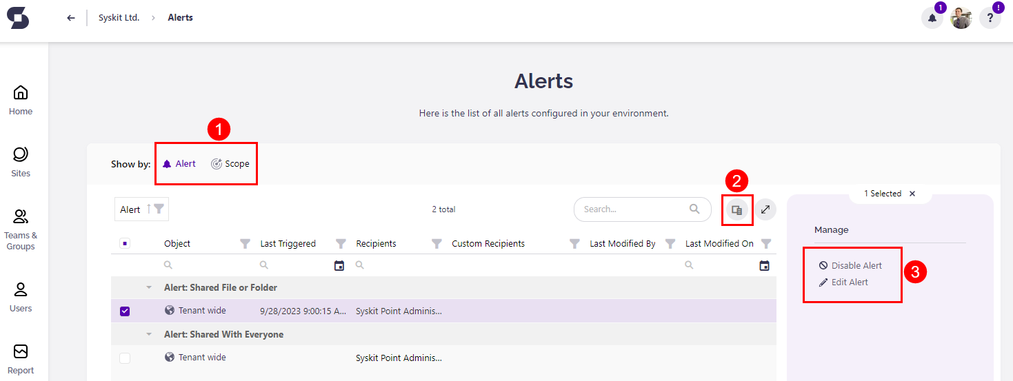 Alerts overview screen
