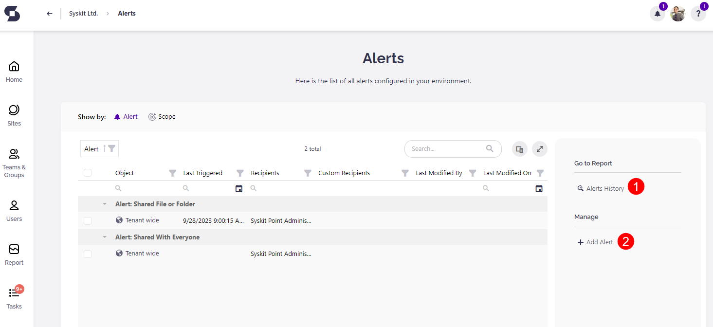 Alerts Overview screen – no row selection