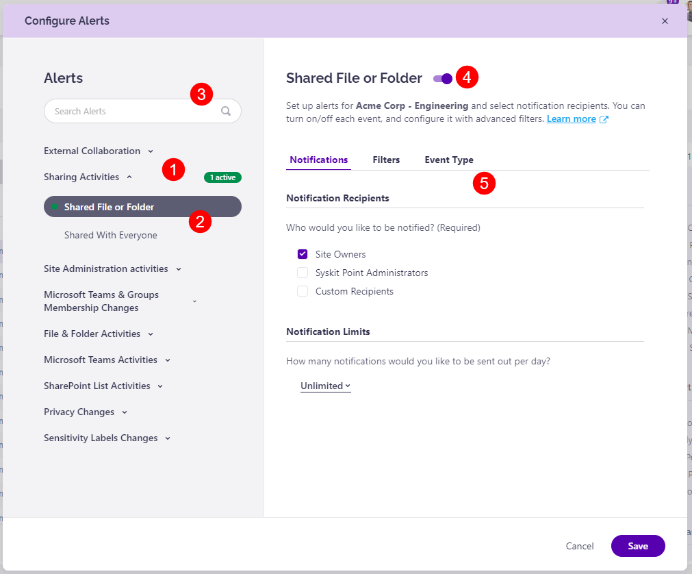 Configure Alerts dialog