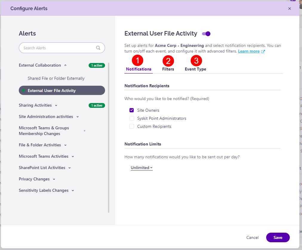 Configure Alerts - Tabs