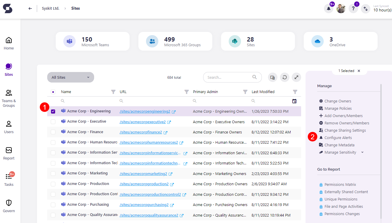 Sites - Configure Alerts action