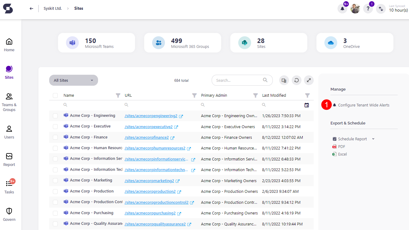 Sites - Configure Tenant Wide Alerts action