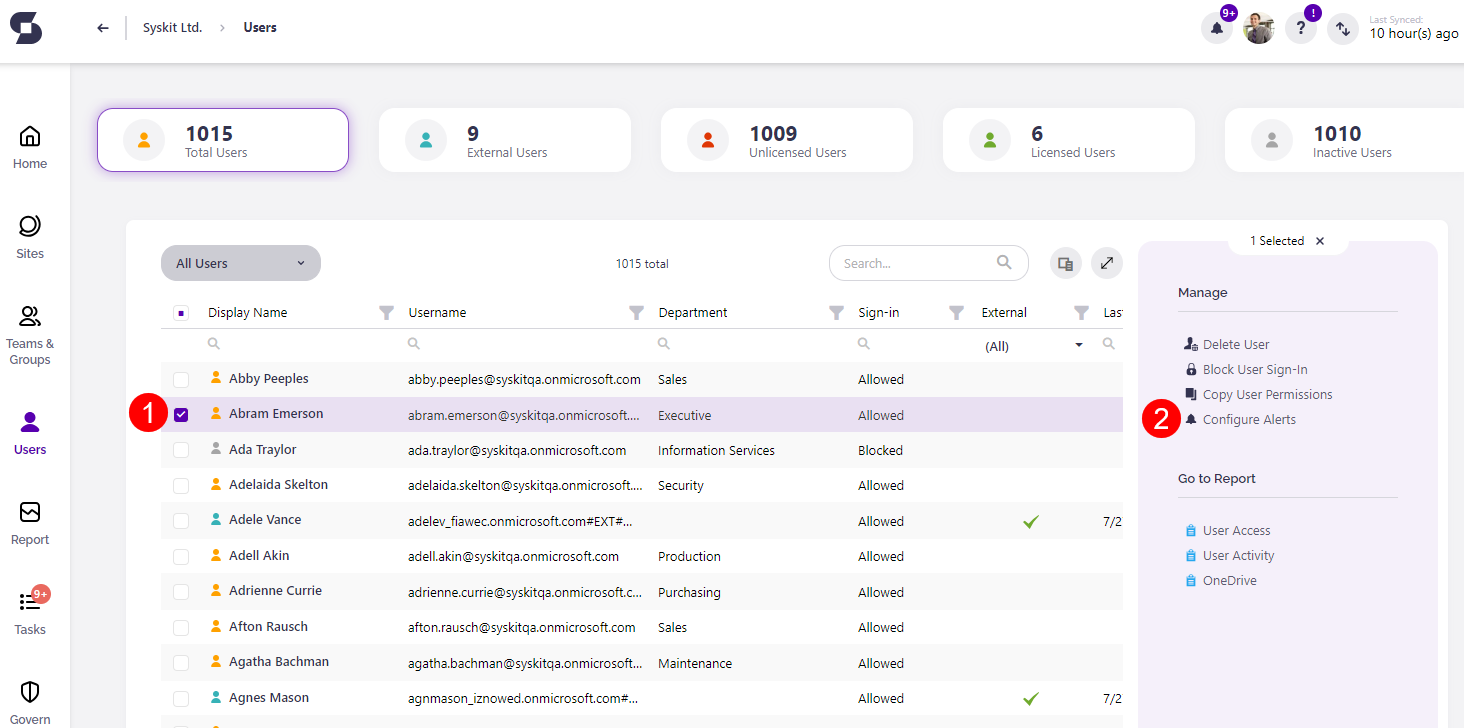 Users - Configure Alerts action