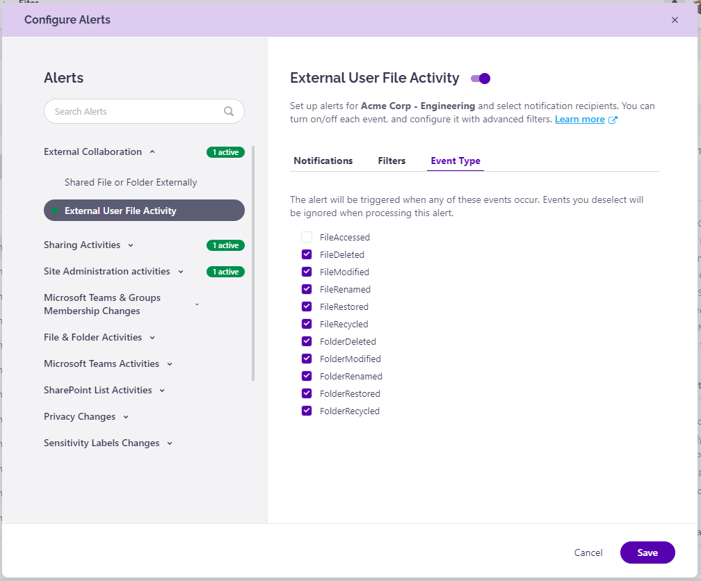 Configure Alerts - Events tab