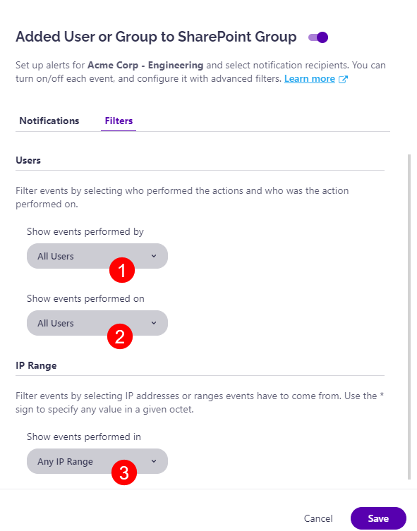 Configure Alerts - Filters tab