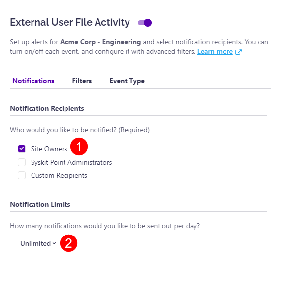 Configure Alerts - Notifications tab