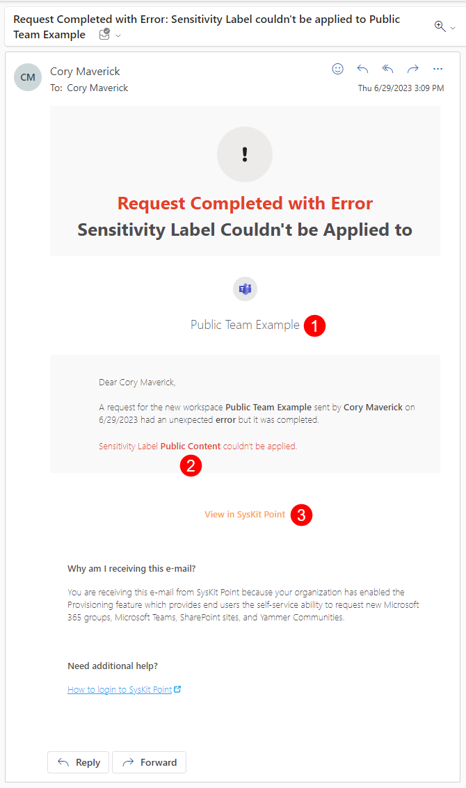 Provisioning Failure E-Mail Example