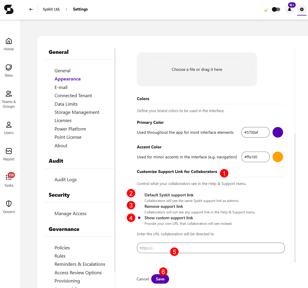 Syskit Point - Appearance - Customize Support Link
