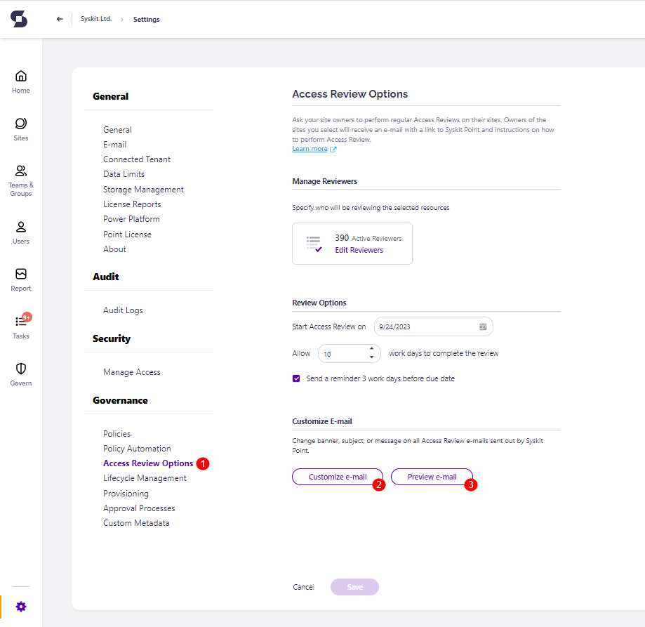 Settings - Access Review Options