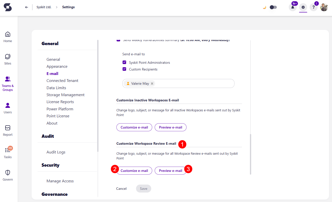Settings - Workspace Review E-mail