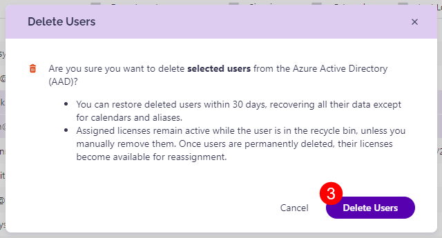 Delete Users - Confirm action