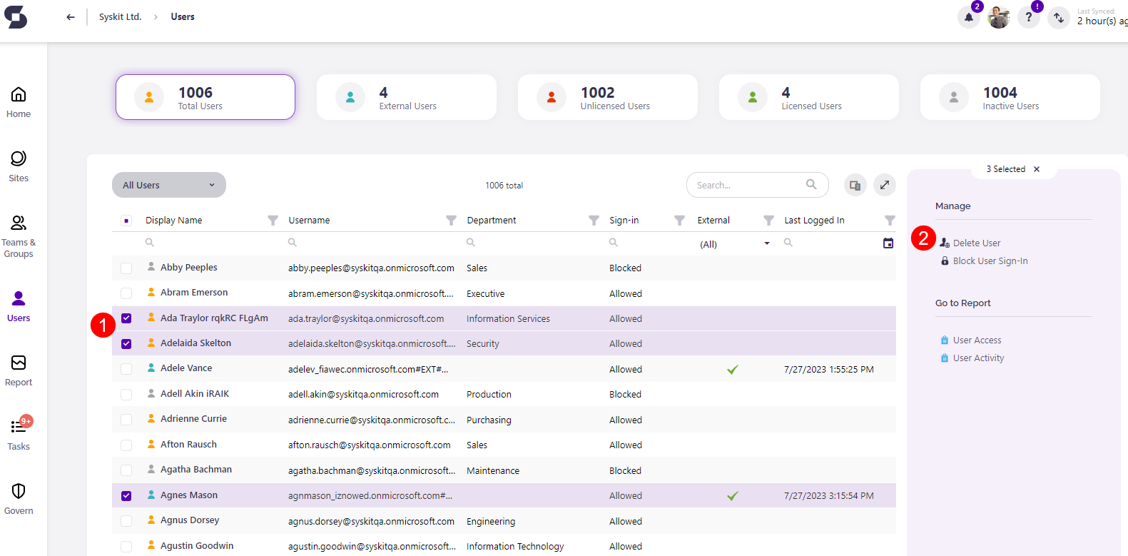 Users overview screen - Delete User action