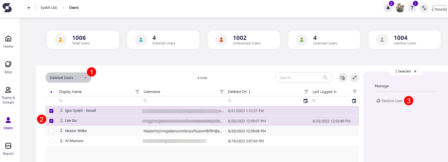 User overview screen - deleted users view, Restore User action