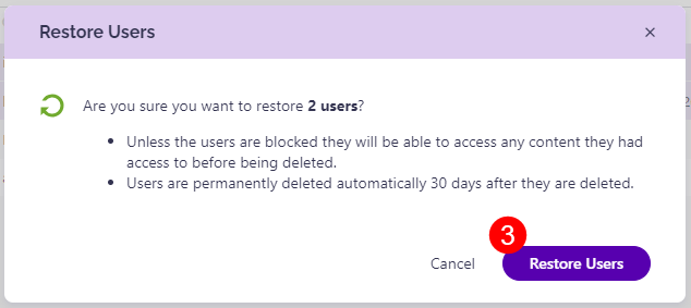 Restore User Action popup screen