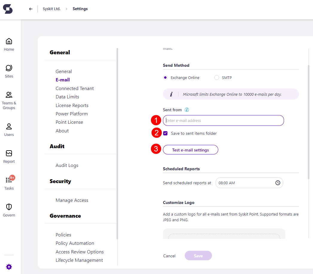 Exchange Online e-mail Settings screen