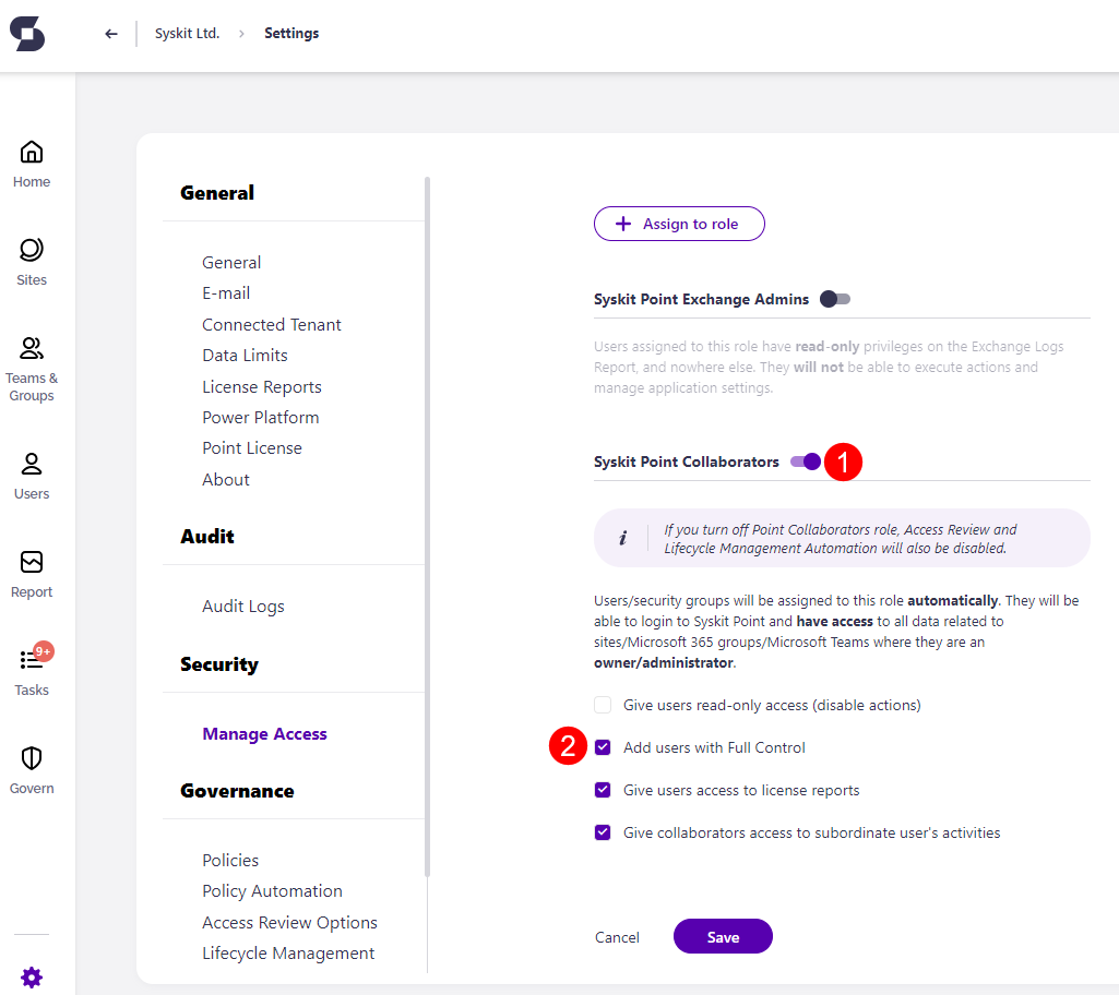 Manage Access Settings screen