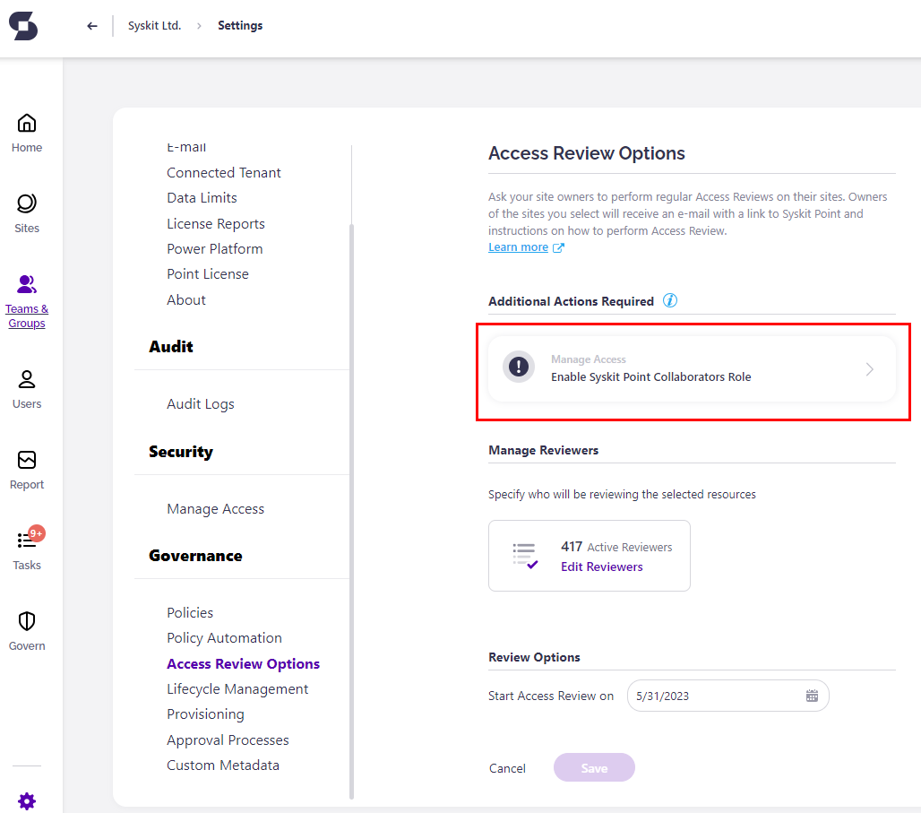 Settings - Access Review screen