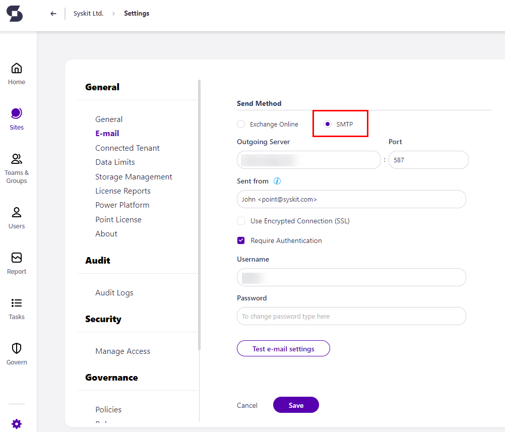 SMTP e-mail Settings screen