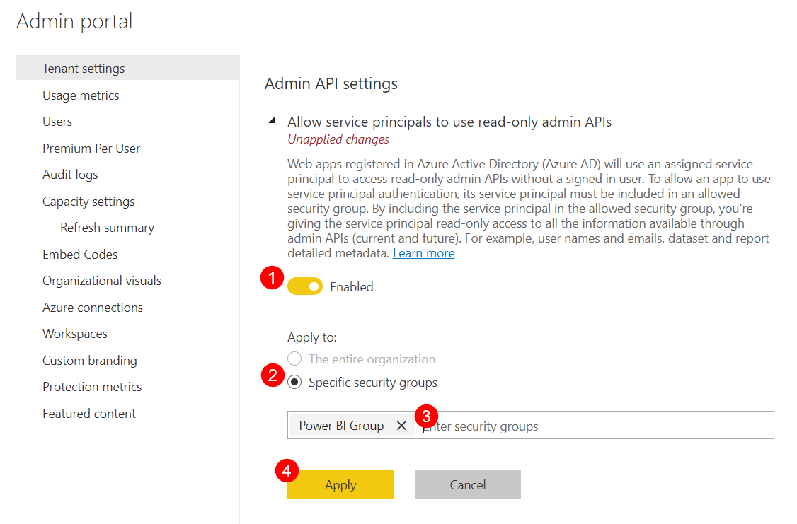 Setting admin API settings - service principals
