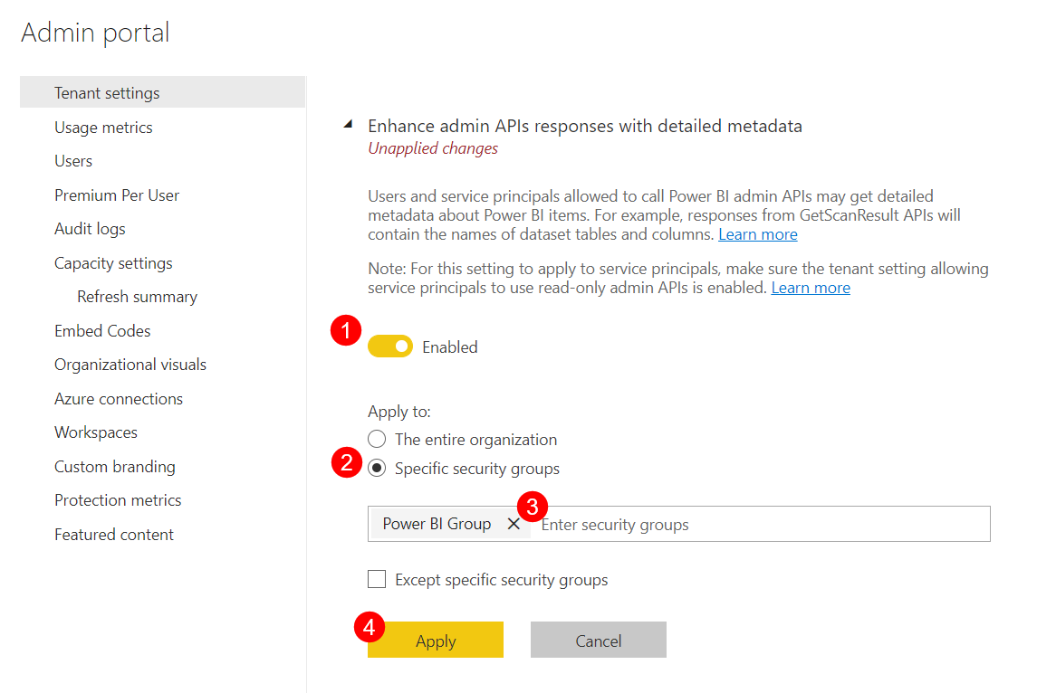 Setting admin API settings - admin APIs responses