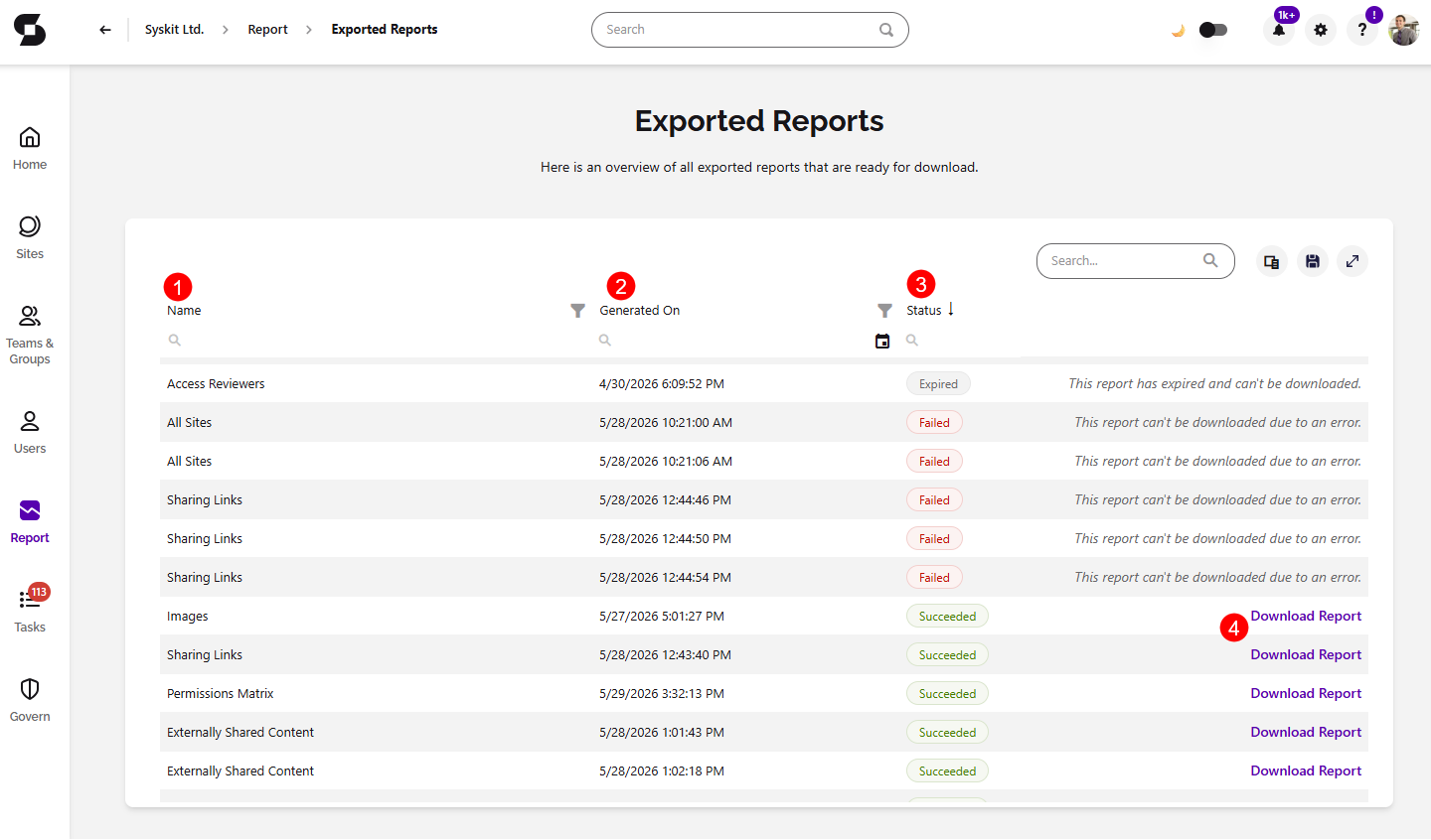 Exported Reports Screen