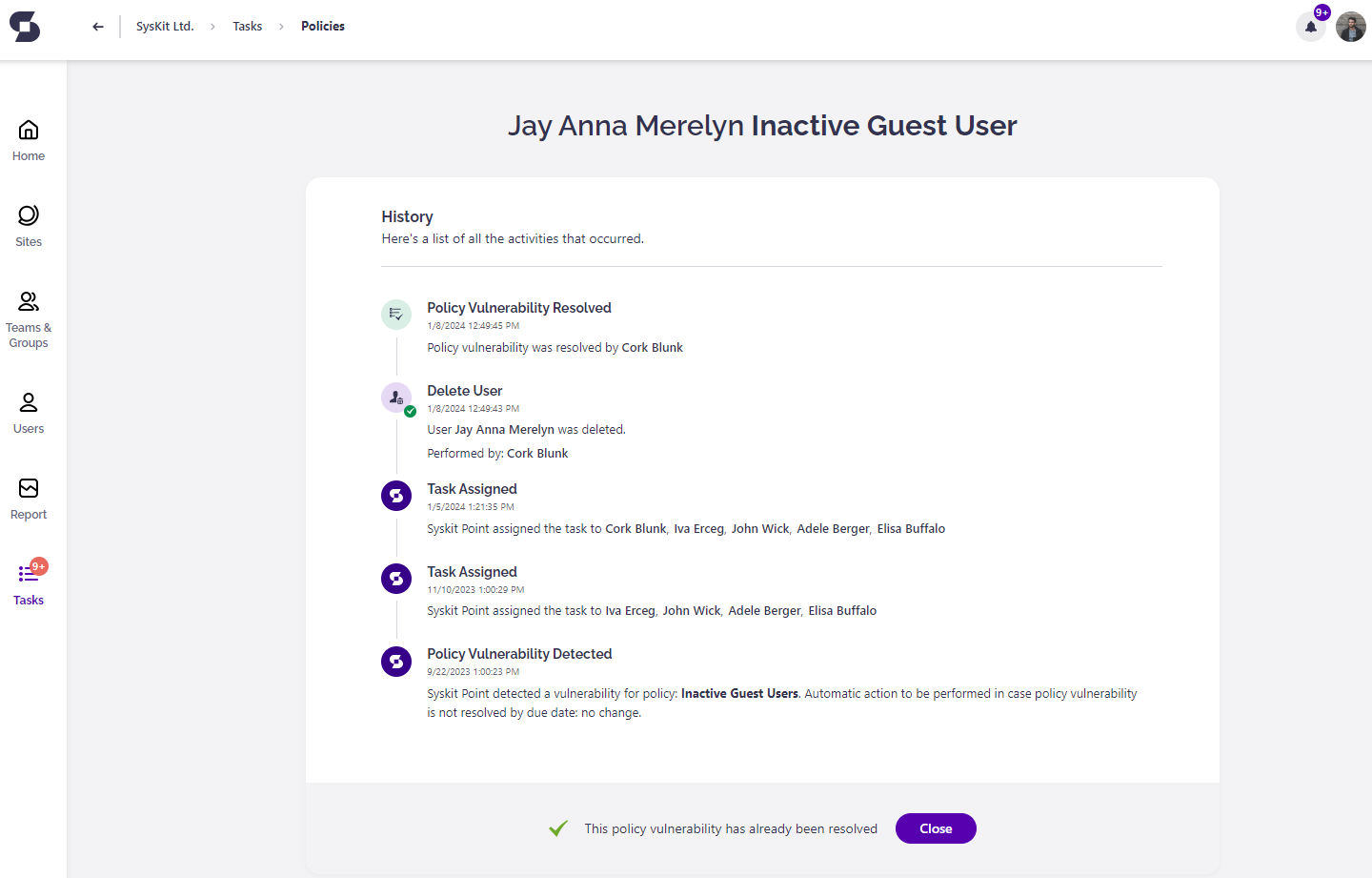 Policy Vulnerability History Screen