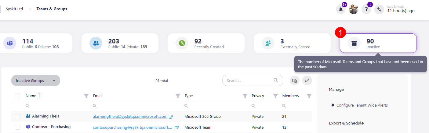 Inactive Teams &amp; Groups tile