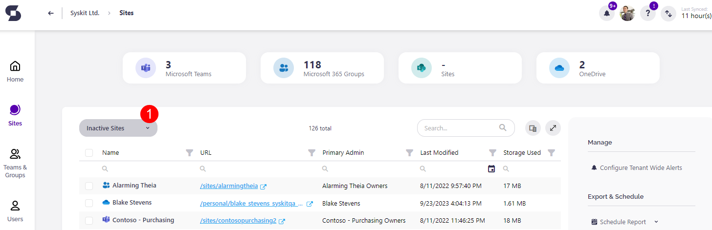 Sites Overview Screen - Inactive Sites view