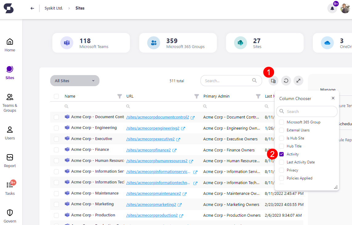 Sites Overview screen - Activity column