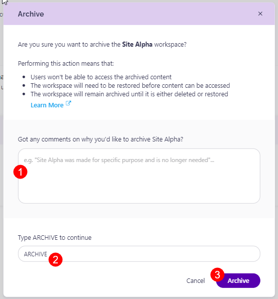 Archive action dialog