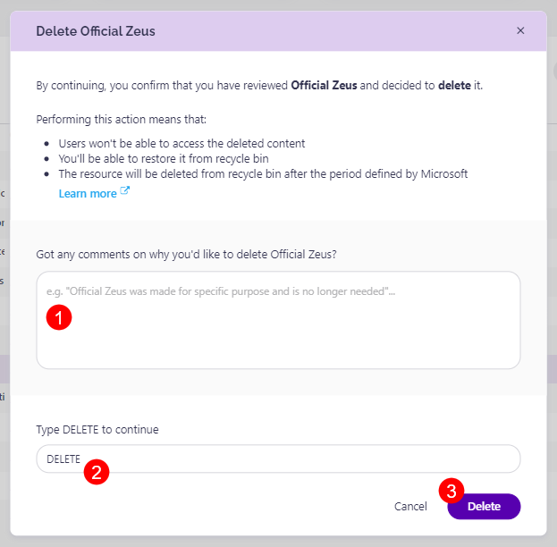 Delete action dialog