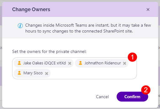 Manage Private Channels - Change Owners options