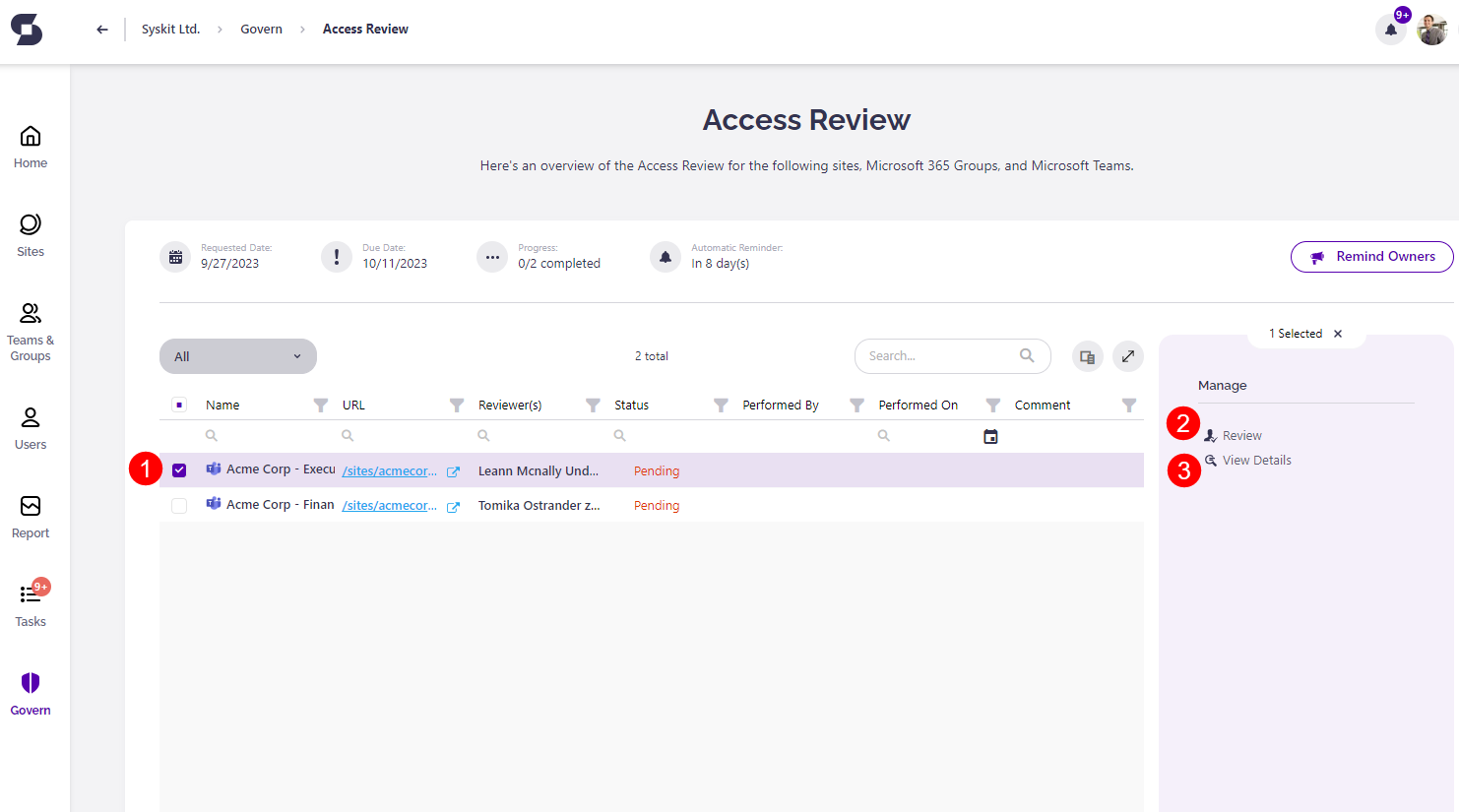 Access Review overview screen