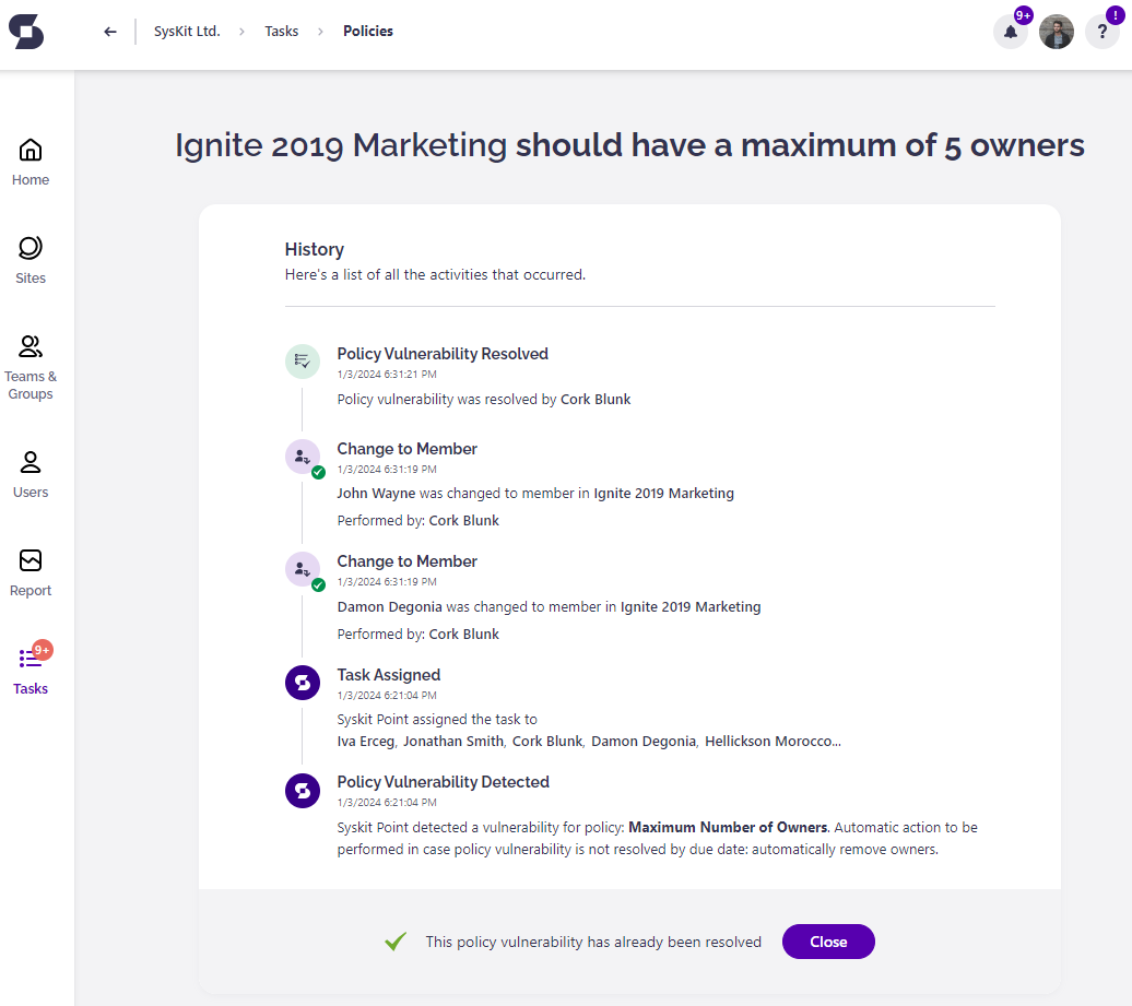 Policy Vulnerability History Screen