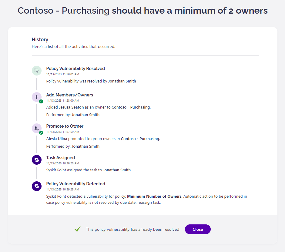 Policy Vulnerability History Screen