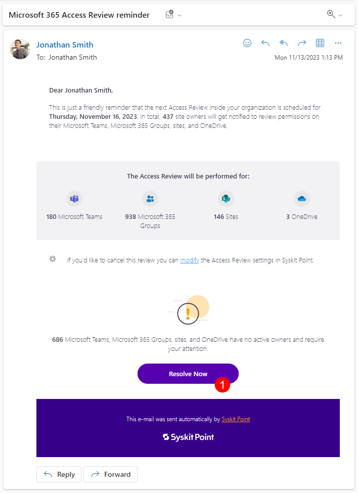 Access Review reminder email