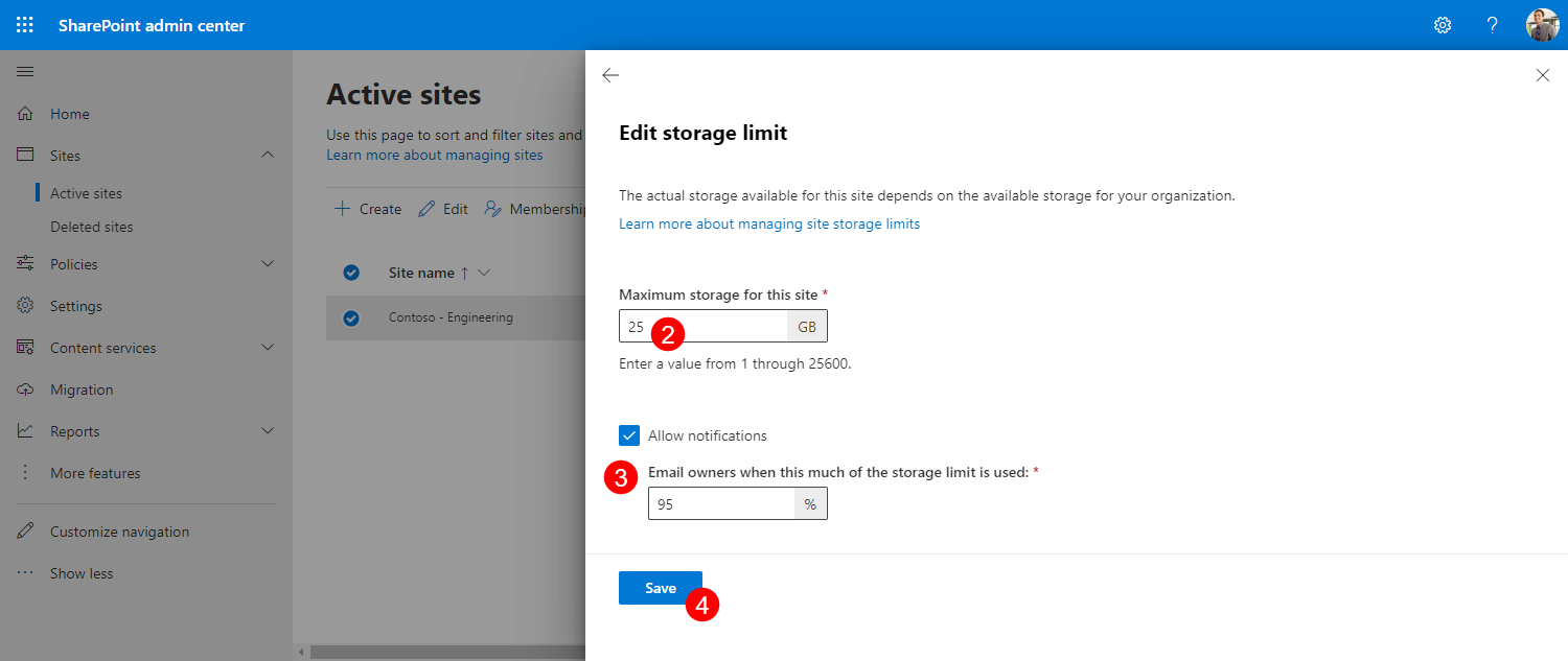 Edit site storage limit