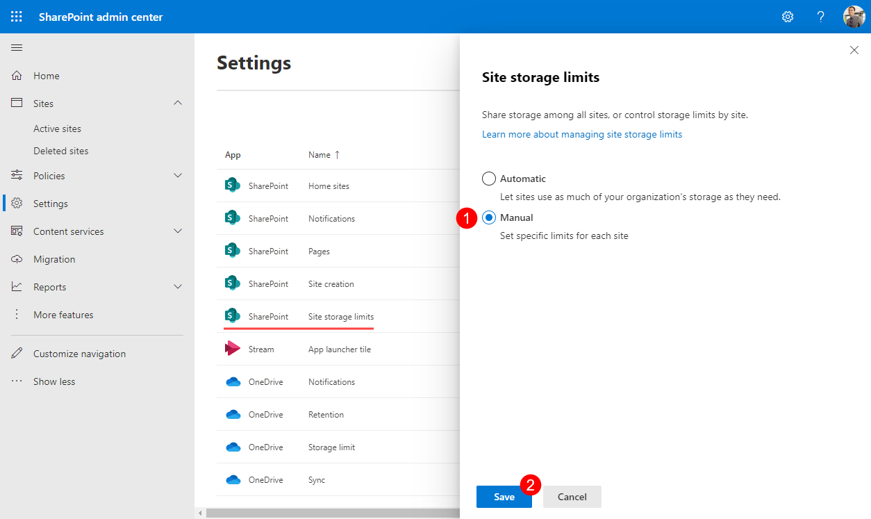 Site storage limits settings