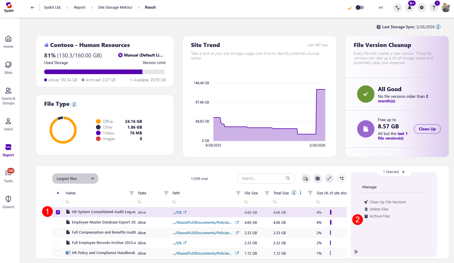 Site Storage Metrics Report- Archive Files