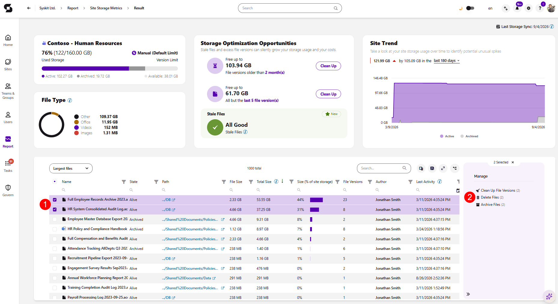 Site Storage Metrics Report- Delete Files