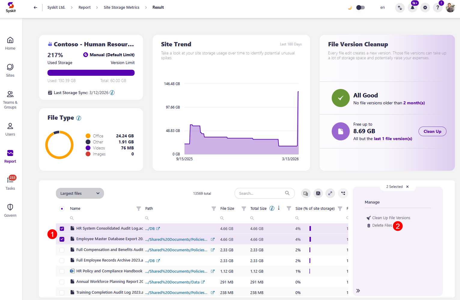 Site Storage Metrics Report- Delete Files