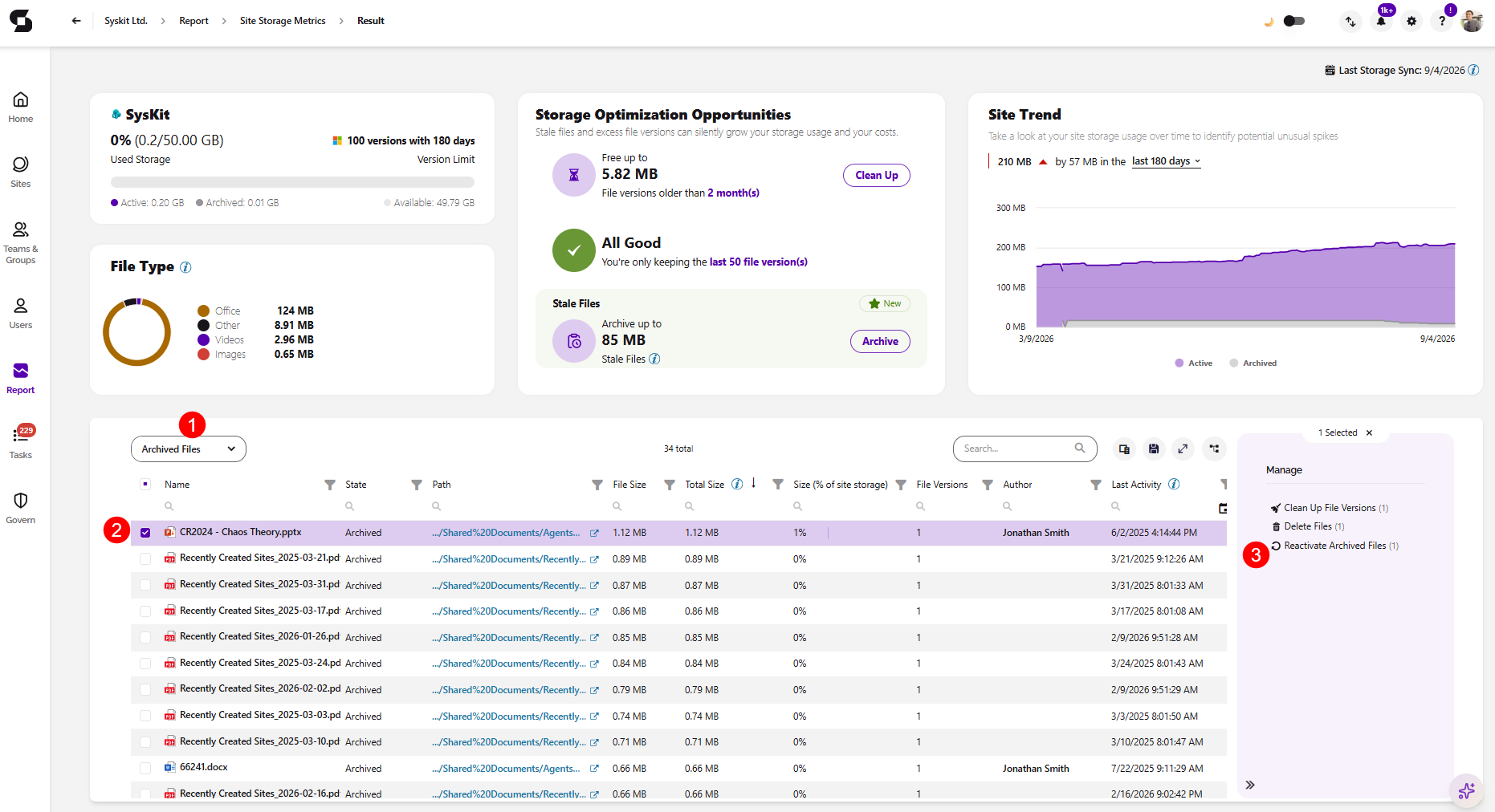 Site Storage Metrics Report- Open Recycle Bin
