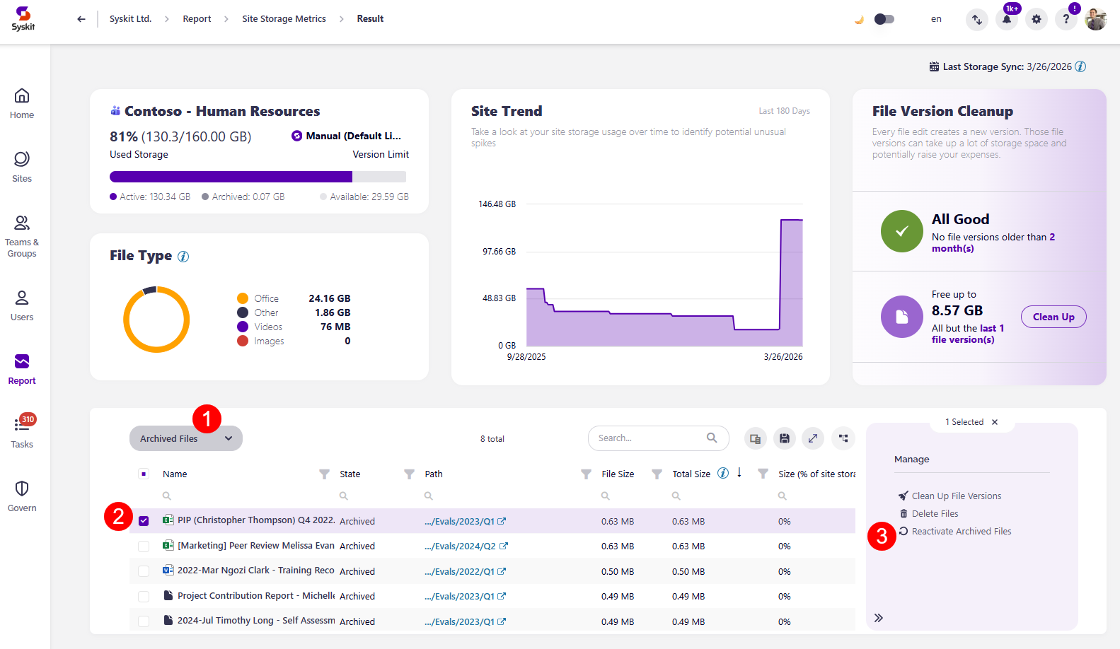 Site Storage Metrics Report- Open Recycle Bin